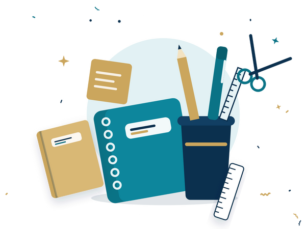 Illustrated notebooks, pencils, pens and ruler in teal, navy and gold