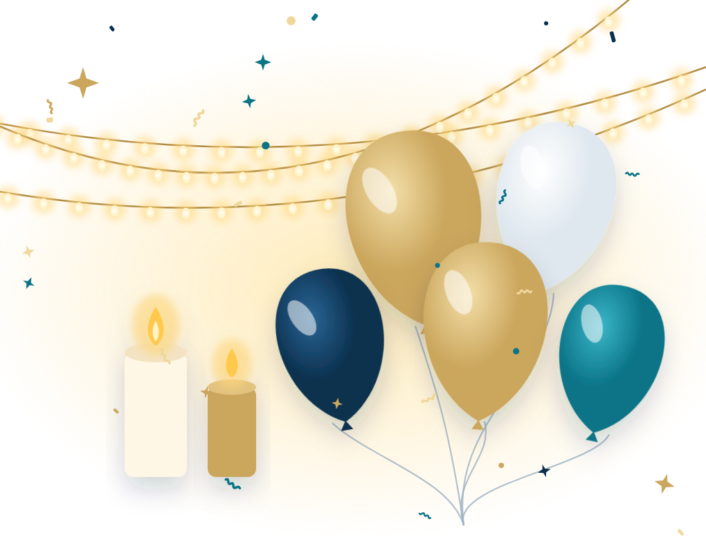 Warm fairy lights, glowing candles and gold balloons
