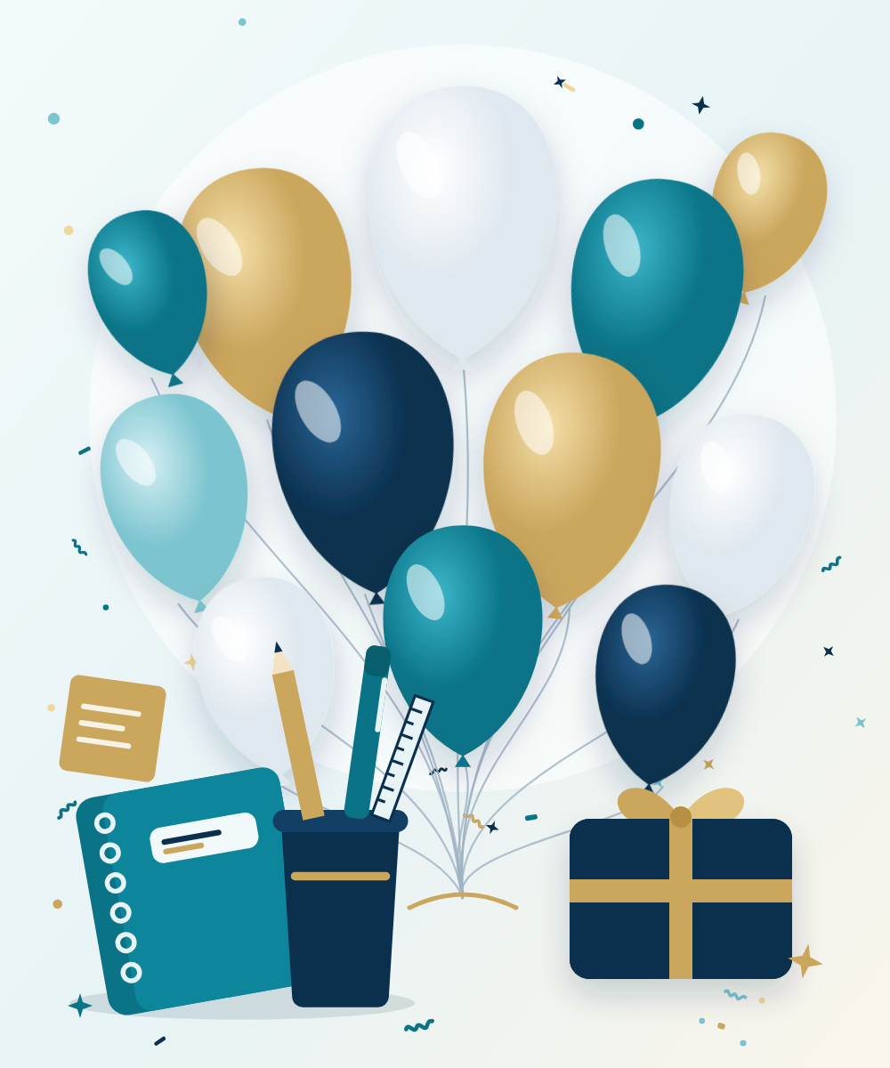 Navy, teal and gold balloons with confetti, a notebook and pen cup