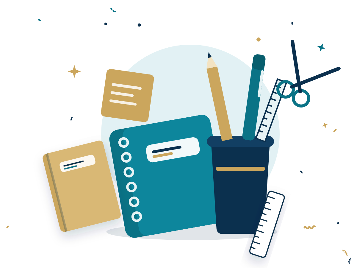 Illustrated notebooks, pencils, pens and ruler in teal, navy and gold